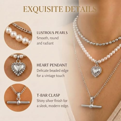 Layered Necklaces for Women Pearl Necklace Stack Gold T Bar Necklace Set Dainty Heart Pendant Jewelry Trendy 2026 Fashion Accessories Gifts - color: A4:3pcs-silver