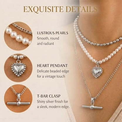 Layered Necklaces for Women Pearl Necklace Stack Gold T Bar Necklace Set Dainty Heart Pendant Jewelry Trendy 2026 Fashion Accessories Gifts - color: A4:3pcs-silver