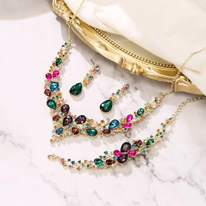 Wedding Bridal Jewelry Set for Women Bride Bridesmaids | Gorgeous Austrian Crystal Teardrop Cluster Statement Necklace Dangle Earrings Link Bracelet Set Prom Jewellery - color: 22-Multicolor Gold-Plated-Base