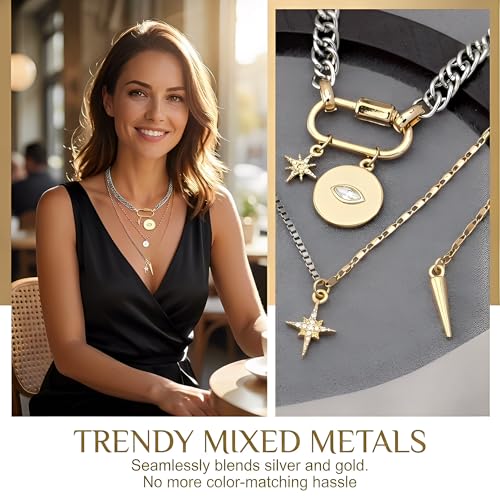 3 Pcs Layered Necklaces for Women, Stackable Statement Jewelry | Trendy stackable jewelry set! 3 separate lightweight chains. Perfect statement gift for women to elevate any daily outfits. - color: Mixed Metal (Silver & Gold)