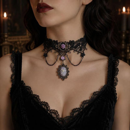 Gothic Lace Choker Necklace for Women Victorian Cameo Pendant Black Floral Collar Jewelry Halloween Costume Accessory Fashion Gift