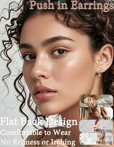 Threadless Flat Back Earrings Studs 20G Surgical Steel Push in Nose Studs Rings Cartilage Helix Tragus Conch Lip Labret Medusa CZ Nostril Piercing Jewelry for Women Gold Silver Tone - color: Gold