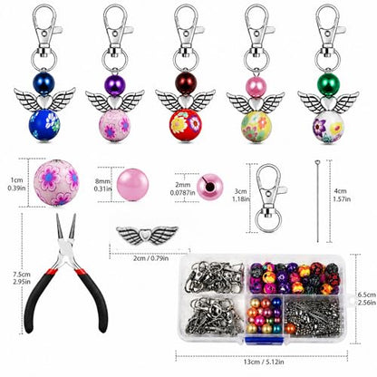Metacipher 180Pcs DIY Angel Keychain Making Kit with Beads & Pliers | Angel Wing Spacers,Floral Beads,Lobster Clasps,DIY Bag Charm, Jewelry Making Supplies,Party Favor,Crafts for Women - color: Love Wings