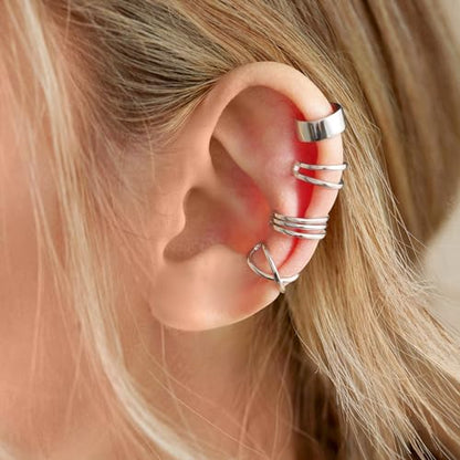 CHIC & ARTSY Sterling Silver Ear Cuff Set - Hypoallergenic, Simple, Adjustable No Piercing Clip on Earrings - color: #4 silver