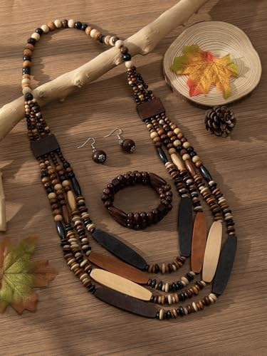 Colorful Ethnic Wooden Earrings Round Statement Dangle Earrings Multilayered Geometric Beaded Bracelet Necklace Set for Women Exaggerated Tribal Jewelry - color: Mixed Color A