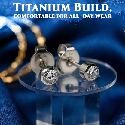 CAFLON Titanium Bezel Stud Earrings | Size 3mm / 4mm | Nickel Free Hypoallergenic Ear Jewelry | April Birthstone Clear Crystal | Secure Back Piercing Stud - size: 3 MM