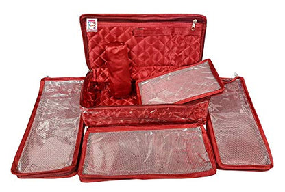 atorakushon Satin Maroon Make-Up Pouch Jewellery Box 4 Pouch 1 roll Bangle in Cosmetic Bag Necklace Earrings Vanity Jewellery Organiser For Women's - style: New