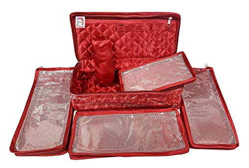 atorakushon Satin Maroon Make-Up Pouch Jewellery Box 4 Pouch 1 roll Bangle in Cosmetic Bag Necklace Earrings Vanity Jewellery Organiser For Women's - style: New