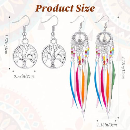 Molain 2Pairs Boho Beaded Feather Earrings for Women, Ethnic Retro Western Tree of Life Beaded Tassel Dangling Earrings Country Jewelry for Birthday Party Gifts
