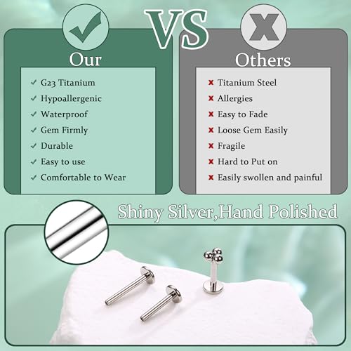 LOLIAS 16G G23 Titanium Tragus Conch Helix Piercing Jewelry 6mm 8mm 10mm - Internally Threaded Flat Back Stud Cartilage Earrings Hypoallergenic Forward Earlobe Labret Tragus Piercing Jewelry - color: 3 Beads-Titanium