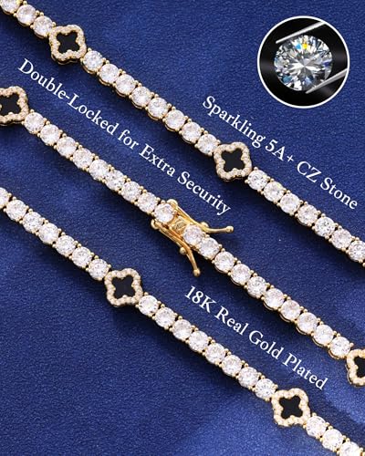 LuxeFlex 4mm Iced Out Four Leaf Tennis Chain,White Gold Plated with 5A Zircon Stones, exquisite Handmade Hip Hop Bling Necklace Perfect Unisex Jewelry Gift - color: Gold, size: 18 INCH