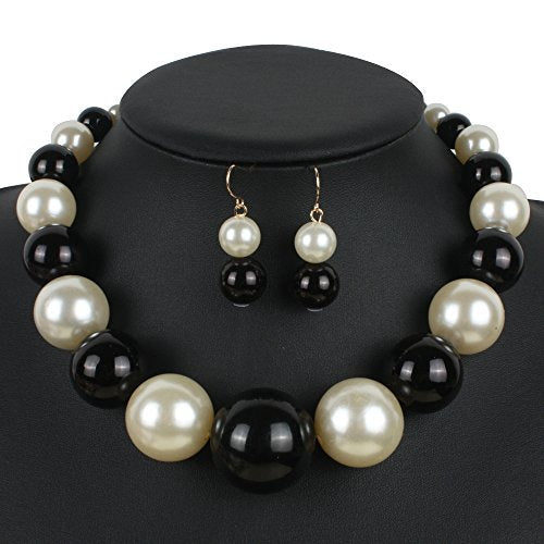 Large Style Big Imitate Pearl Strand Choker Necklace With Earrings Set - color: Multi