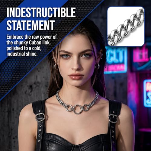 Punk O-Ring Choker Necklace for Women Men Non tarnish Chunky Stainless Steel Cuban Link Chain Collar Necklace Adjustable Goth Statement Jewelry Accessories - color: silver 3 rings
