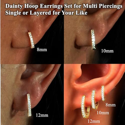 ORANGELOVE 3 Pairs 14K Gold Plated Huggie Hoop Earrings Set for Women or Men Lightweight Hypoallergenic Small Hoop Earring Pack Multiple Piercing Stacks Cartilage Piercing Jewelry - style: Clear CZ-Gold-8/10/12mm