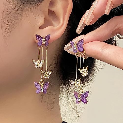Purple Butterfly Tassel Earrings for Women Crystal Rhinestone Drop Earrings Animal Drop Dangle Charm Earrings - color: B-Purple