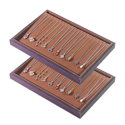 Wood Jewelry Organizer Tray, Necklace Holder (Brown, 2Pc, 20-Slot) | Stackable Jewelry Display, Necklace Display, Tangle-Free Necklace Stand, Pendant Organizer - size: 20 Slots Necklace+20 Slots Necklace