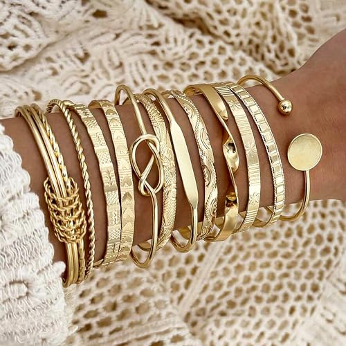 FAXHION Gold Bangle Bracelets for Women, 14 Pcs Multi Layer Stackable Bangle Set, 14K Gold Plated Textured Chunky Bracelets Boho Jewelrys Set - style: Gold A-14 pcs