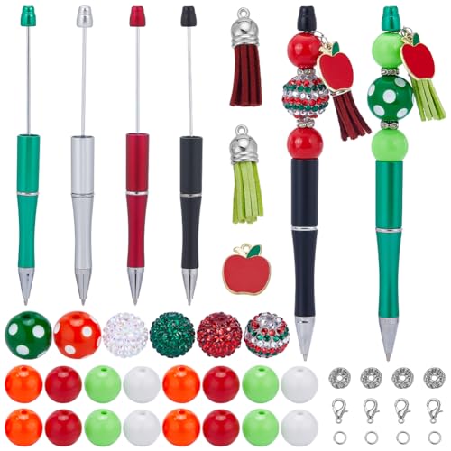 SUNNYCLUE DIY 12 Sets Beadable Pen with Beads Acrylic Making Kit Teacher Appreciation Gifts 20mm Rhinestone Bubblegum Beads Ballpoint Pen Making Kits for Office School Supplies - color: 12 Sets, Green & Red