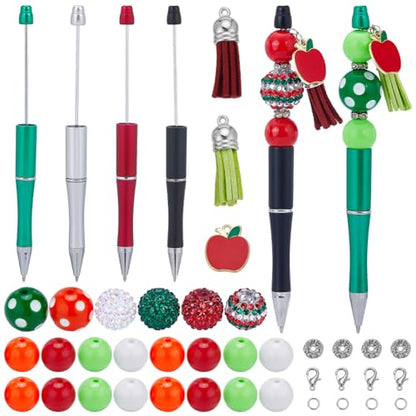 SUNNYCLUE DIY 12 Sets Beadable Pen with Beads Acrylic Making Kit Teacher Appreciation Gifts 20mm Rhinestone Bubblegum Beads Ballpoint Pen Making Kits for Office School Supplies - color: 12 Sets, Green & Red