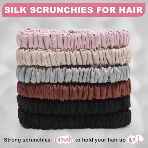 6Pcs Silk Hair Ties 100% Pure Mulberry Silk Scrunchies for Women Girls | No Hair Crease, Anti Frizz, Gentle Hold, No Damage, Color 04 - color: Black&Dark Curry&Gray&Pink&Beige