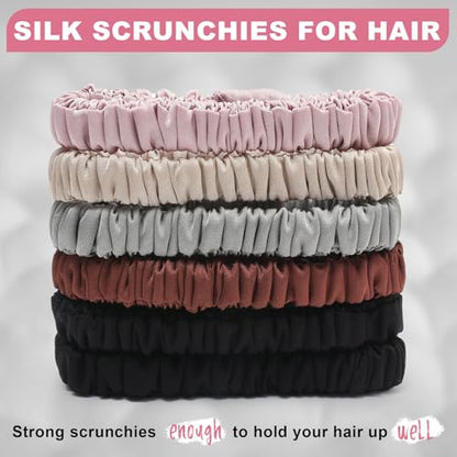 6Pcs Silk Hair Ties 100% Pure Mulberry Silk Scrunchies for Women Girls | No Hair Crease, Anti Frizz, Gentle Hold, No Damage, Color 04 - color: Black&Dark Curry&Gray&Pink&Beige
