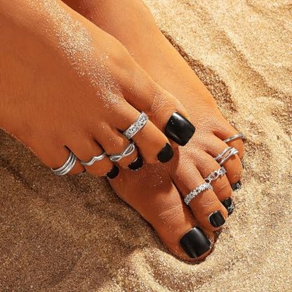 12PCS Toe Rings for Women 14K Gold/Silver Plated Adjustable Toe Ring Set Open Heart Arrow Infinity Rings Beach Foot Jewelry for Summer - color: Silver