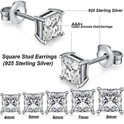 Jiamiaoi 18K White Gold Plated Stud Earrings 925 Sterling Silver Round and Square Cut Princess Cut 5A+ Cubic Zirconia Stud Earrings 4mm to 8mm Fashion Jewelry for Men Women - color: B-Silver-Square, size: 4mm