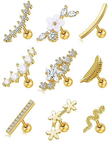 Tornito 9-30Pcs Cartilage CZ Stud Earrings Conch Forward Helix Tragus Daith Piercing Lip Rings Snake Heart Butterfly Jewelry for Women Men 16G Silver Gold Tone - color: A2: 9pcs, Gold Tone