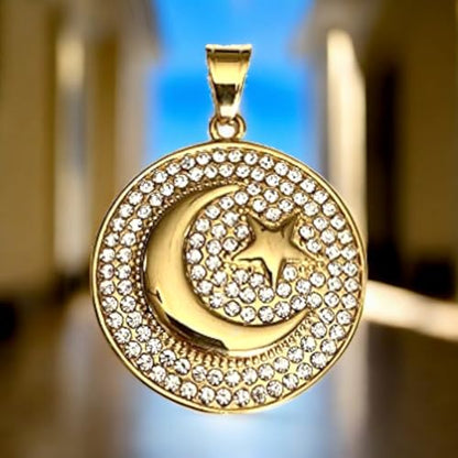 Crescent Moon & Star Pendant Necklace – Men & Women 14k Gold Finish, Iced Out Medallion, 925 Italy Stainless Steel, 2.5mm Rope Chain - size: 24" Necklace