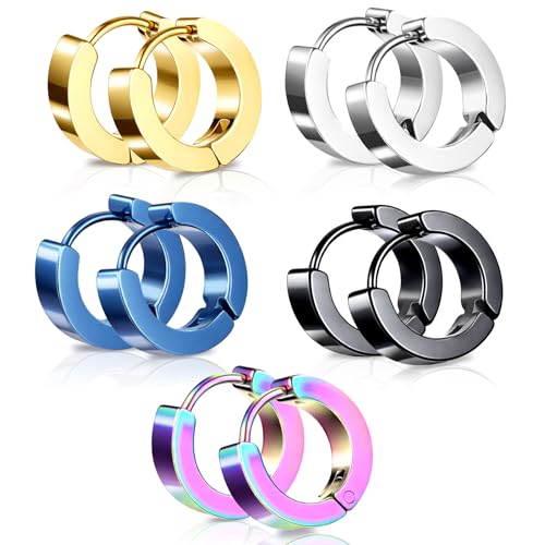 5 Pairs Small Hoop Earrings For Men, Stainless Steel Hoop Earrings For Men Colored Huggie Earring For Women Unisex Earring Set Minimalist Huggie (Gold, Silver, Black, Blue, Laser)