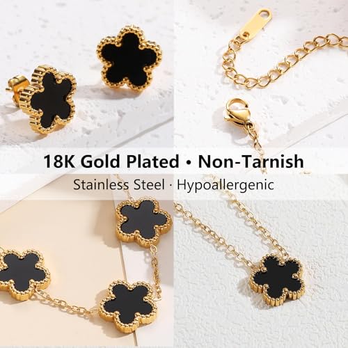 Clover Jewelry Set for Women, 18K Gold Plated Necklace Bracelet & Stud Earrings Set, Stainless Steel Non Tarnish Gold Jewelry Set, Lucky Necklace and Earring Set Gift for Her - color: Black