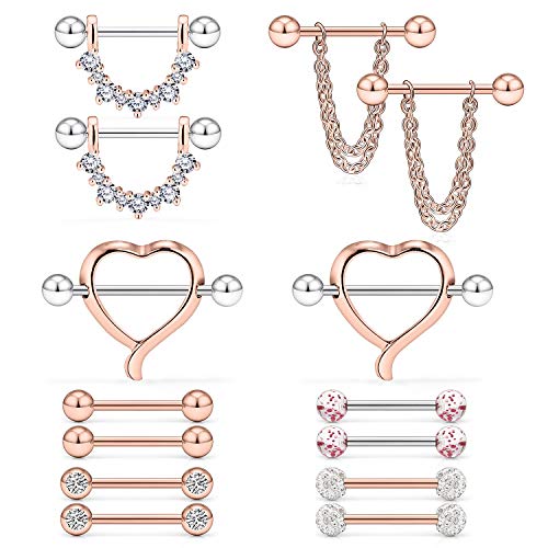 14G 9/16Inch Crystal Ball Nipple Tongue Shield Ring Barbell Body Piercing Jewelry Retainer 8-14PCS - color: 14PCS - Rose Gold