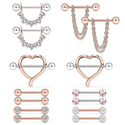 14G 9/16Inch Crystal Ball Nipple Tongue Shield Ring Barbell Body Piercing Jewelry Retainer 8-14PCS - color: 14PCS - Rose Gold