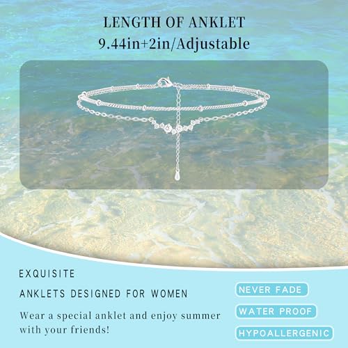 Sterling Silver Ankle for Bracelets Women 14K Gold Waterproof Layered Stackable Chain Sparkling Zircon Adjustable Non Tarnish Anklet Bracelet for Summer Beach Jewelry Gift - color: SilverB