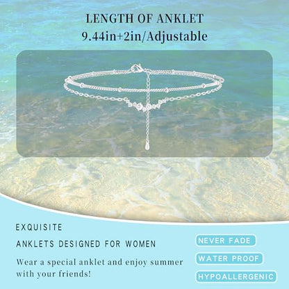 Sterling Silver Ankle for Bracelets Women 14K Gold Waterproof Layered Stackable Chain Sparkling Zircon Adjustable Non Tarnish Anklet Bracelet for Summer Beach Jewelry Gift - color: SilverB