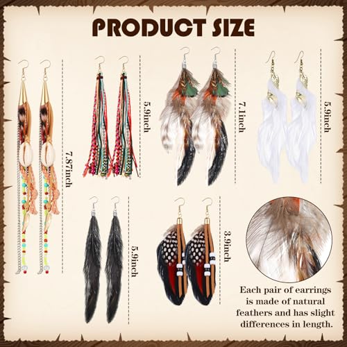 Nosiny 6 Pairs Bohemian Feather Dangle Earrings for Women Bohemian Long Feather Earrings with Shell Beads Long Fringe Tassel Dangle for Women Christmas Gifts