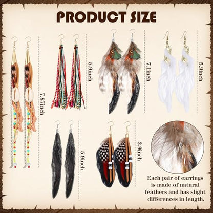Nosiny 6 Pairs Bohemian Feather Dangle Earrings for Women Bohemian Long Feather Earrings with Shell Beads Long Fringe Tassel Dangle for Women Christmas Gifts