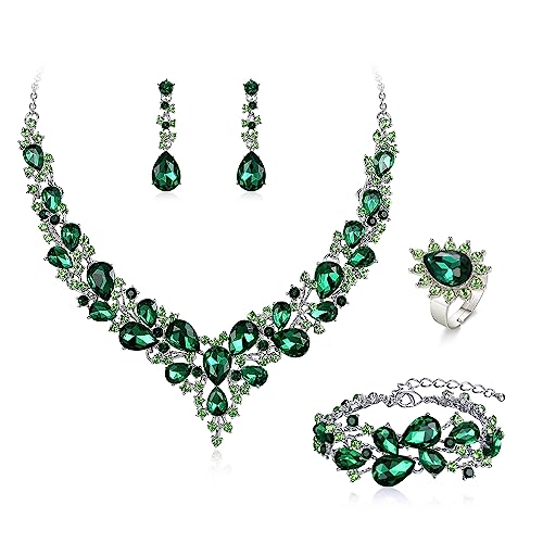 Wedding Bridal Jewelry Set for Women Bride Bridesmaids | Gorgeous Austrian Crystal Teardrop Cluster Statement Necklace Dangle Earrings Link Bracelet Set Prom Jewellery - color: 4Pcs-Emerald Color