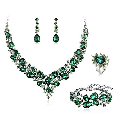 Wedding Bridal Jewelry Set for Women Bride Bridesmaids | Gorgeous Austrian Crystal Teardrop Cluster Statement Necklace Dangle Earrings Link Bracelet Set Prom Jewellery - color: 4Pcs-Emerald Color