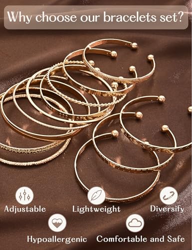 YEEZII Gold Bangle Bracelets for Women, 12 Pcs Indian Boho Stackable Set, Multi Layer Textured 14K Gold Plated Adjustable Bracelets Jewelry Set - color: GoldA-12Pcs