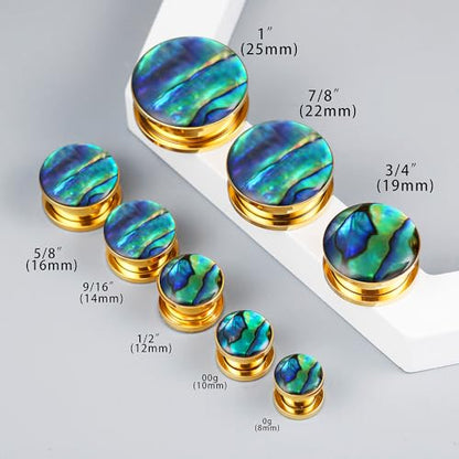 2 Pairs Abalone Pearl Shell Stainless Steel Ear Gauges Plugs and Tunnels, Size 2g - 1 inch Hypoallergenic Surgical Steel Ear Stretcher Expander Body Jewelry - color: BO1651 Gold, size: 19 mm (3/4 inch)