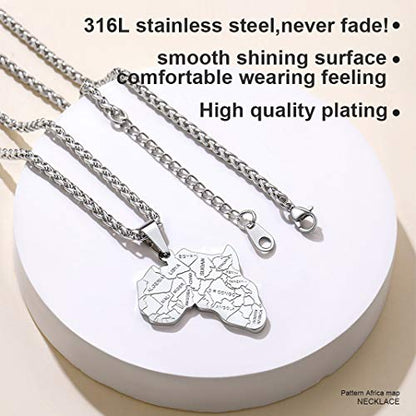 GOLDCHIC JEWELRY Africa Map Necklace for Men, Stainless Steel African Tribal/Egyptian Eye of Horus/I LOVE AFRICA/Elephant Map Hiphop Jewelry Unisex with 22'+2'Adjustable Chain - color: Africa Map - Stainless Steel, style: Personalised Engraving