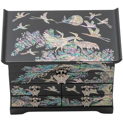 February Mountain Mother of Pearl Wooden Jewelry Organizer Box – Jewelry Storage Box for Women, Features Spacious Drawers, Ideal for Rings, Bracelets, Watches, Chains, Accessories (Crane_Black) - style: Crane_Black