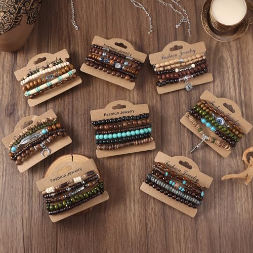 Giovanchi 41/44 PCS Wooden Beaded Bracelets for Men Larger Size Adjustable Punk Braided Wooden Bracelet Bulk Wood Bangles Wristbands Meaningful Jewelry Gift - style: Style B:41 PCS
