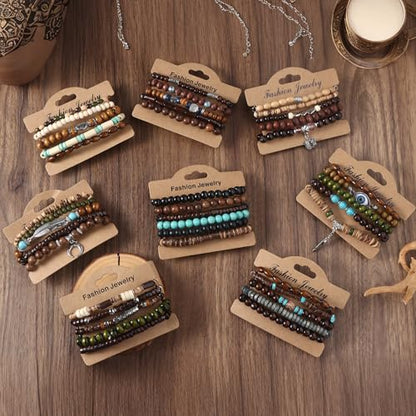 Giovanchi 41/44 PCS Wooden Beaded Bracelets for Men Larger Size Adjustable Punk Braided Wooden Bracelet Bulk Wood Bangles Wristbands Meaningful Jewelry Gift - style: Style B:41 PCS