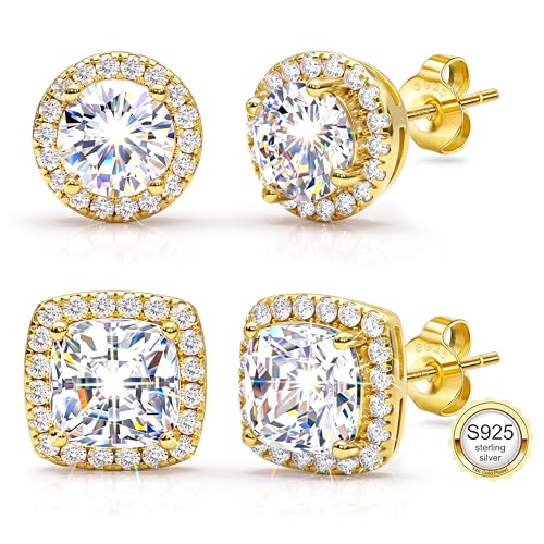 2 Pairs S925 Sterling Silver Stud Earrings for Women Halo Cubic Zirconia | 14K Gold Plated Hypoallergenic Non Tarnish Round Square Silver Stud Earring for Women Men Dainty Trendy Jewelry - style: Gold-Larger Stone