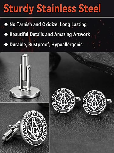 FaithHeart Mens Cufflinks, Norse Viking Tuxedo Shirt Cuff Links, Stainless Steel Cuff Links and Shirt Studs, Gift Box - style: 04. Mason-Silver