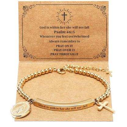 DS Inspirational Bracelet for Women Christian Engraved Bibler Verse Cross Butterfly Daisies Charm Bracelet, Exquisite Stainless Steel Jewelry Daughter Best Friend Bestie - style: God is Within Her She Will Not Fall-Gold