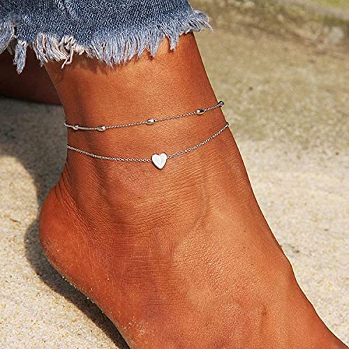 Pencros Dainty Layered Anklet,14K Gold Filled Cute Beads Satellite Chain Heart Boho Adjustable Anklets for Women - color: Layer Heart Silver
