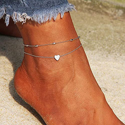 Pencros Dainty Layered Anklet,14K Gold Filled Cute Beads Satellite Chain Heart Boho Adjustable Anklets for Women - color: Layer Heart Silver